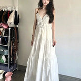 Lunivop Seaside Vacation Style French Long Skirt New Summer High-end Sleeveless V-neck White Suspender Dress for Women