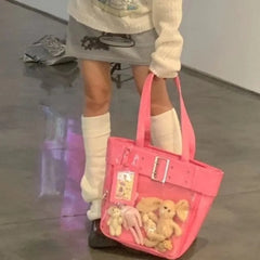 Lunivop Harajuku Pink Ita Bags Women Japanese Transparent Pu Leather Large Capacity Tote Bag Female Hot Girls Handbag Aesthetic