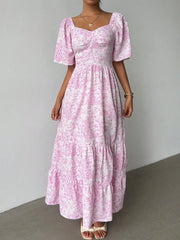 Lunivop Pink Ditsy Floral Short Sleeve Maxi Dress For Summer Beach Vacation Festival
