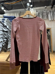 Lunivop Cute Pink Brown Striped T-shirt Women Buttons O-Neck Cotton Slim Patchwork Long Sleeve Tee Sweet Preppy Style Tshirt Y2K Top New
