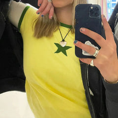 Lunivop Spicy Girl Y2k Crop Top Gothic Star Print Contrast Crop Top Vintage Slim Fit Tee Cyber T-shirt Streetwear Open Navel Casual Top