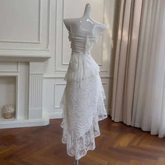 Lunivop New Elegant Temperament 3D Jacquard Lace Dress Socialite Style Irregular Suspender Strapless Long Dresses