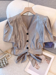 Lunivop Cropped Sexy Slim Satin Shirt Women Vintage Back Bow Lace Up Puffy Sleeve Blouse Korean Fashion V Neck Elegant Short Tops