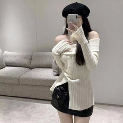 Lunivop Off Shoulder Knit Top for Women Button Front Long Sleeve Off-The-Shoulder Ribbed Fitted Tops Women Pullovers Sweater Y2K Outfit
