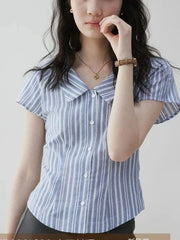 Lunivop Preppy Style Women Striped Shirt Casual Vintage Short Sleeve Slim Blouse Summer Retro Korean Female Sweet Simple Tops New