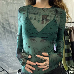 Lunivop Women's long-sleeved retro-printed mesh skin-permeable onesie women's trend design summer new models