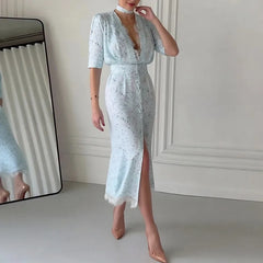 Lunivop Chic Lace Trimmed Printed Dress Women Elegant Deep V-neck Waist Cinching Split Short Sleeve Maxi Dress Lady Party Vestidos