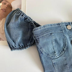 Lunivop Denim Corset Top Summer Button Up Puff Sleeve Smocked Back Slim Fit Crop Tops Teen-girl Women Outfit