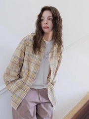 Lunivop Sweet Yellow Plaid Shirt Women Casual Vintage Long Sleeve Pocket Blouse American Fall Preppy Style Female Retro Loose Tops New