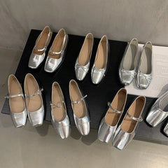 Lunivop New Women's Flat Square Toe Mary Janes Shoes Sliver Leather Shoes for Female Fashion Bowknot Ladies Shallow Dress Ballet Shoes