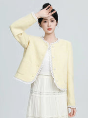 Lunivop Sweet Yellow Tweed Jackets Women Vintage Lace Patchwork Elegant Short Coat French Retro Casual O Neck Long Sleeve Fall Outwear