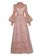 Lunivop Stand Collar Lantern Long Sleeve Mesh Floral Print Waist Cinching 2025 Spring New Big Swing Evening Wedding Dress