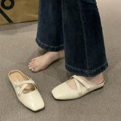 Lunivop New Women's Mules Slippers Shoes Comfort PU Leather Flat Ballet Shoes Ladies Fashion Slip on Cross Mary Jane Women Slippers