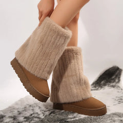 Lunivop Winter Mid-calf Boots Thick Plush Thick Sole Non-slip Fashion Solid Color Cotton Women Boots Retro Brown Snow Boots