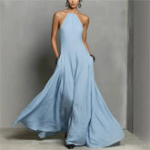 Lunivop Blue Sleeveless Prom Dresses Halter Pleated Wedding Party Dress For Women Formal Gowns Floor Length Gala