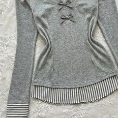 Lunivop Patchwork Stripe Turn-down Collar Long Sleeve T-shirt Minority Slim Punk Style Crop Top Korea Chic Off Shoulder New Shirt