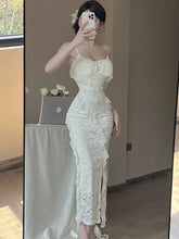 Lunivop White Lace Jacquard Chic Ruffled Casual Long Dress Women Elegant Beach Style Sling Dress Summer Korean Fashion Party Dress