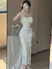 Lunivop White Lace Jacquard Chic Ruffled Casual Long Dress Women Elegant Beach Style Sling Dress Summer Korean Fashion Party Dress