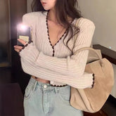 Lunivop Ribbed Knit Button Up Sweater Cardigan for Women Long Sleeve Contrast Hem Crop Top Sweater Jacket Teen-girl Y2K Outfit