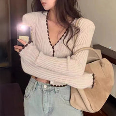 Lunivop Ribbed Knit Button Up Sweater Cardigan for Women Long Sleeve Contrast Hem Crop Top Sweater Jacket Teen-girl Y2K Outfit