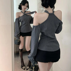 Lunivop Off-shoulder Contrast Color Striped Sexy Long Sleeve Shirt Women Autumn New High Street Loose Casual Lace-up Halter Tops