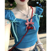 Lunivop Fashion Trend Summer Women Dopamine Woven Rope Bow Frenulum Short Sleeved T-shirt Square Neck Puff Sleeve Slim Comfortable Tops