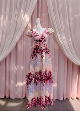 Lunivop Color Block Mesh Sequin Design Long Dresses For Women V Neck Short Sleeve Elegant Dress Female Summer 2025 New