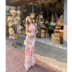 Lunivop Summer Floral Boho Dress Women Sleeveless Slim Fit Party Midi Dress Mesh Patchwork Long Bodycon Elegant Beach Holiday Dress