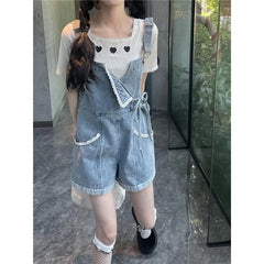 Lunivop New Lace Edge Salt Denim Suspender Shorts for Women Spring Thin Loose Straight High Waist Wide Leg Pants the dress black dress white dress