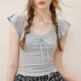 Lunivop French Streetwear V Neck Ruffle Fly Sleeve Base T Shirts Fashion Spliced Lace Bow Appliques Design Solid Top Y2k Punk Clothes