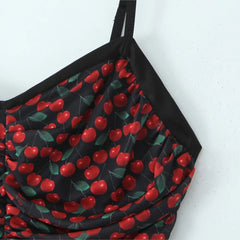 Lunivop Sexy Black With Red Cherry Print Sling Dress Women Folded Skinny Slim Waist Package Hips Backless Hem Mini Dresses Robe