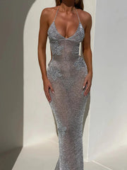 Lunivop Glitter Sexy See Through Halter Women Maxi Dress Gray Backless High Waist Dress Femme Summer Slim Elegant Beachwear 2025
