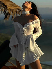 Lunivop One Shoulder Lace Up Ruffled Mini Dress For Women Flare Sleeve Elegant Solid Bodycon High Waist Dress Fashion Splice New