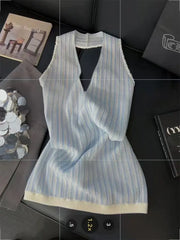 Lunivop korean high street halter knitter camisole y2k aesthetic constrast color plaid sexy backless design tank tops harajuku girl tees