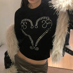 Lunivop Y2k Aesthetic Diamond Love Grunge T-Shirts Women Vintage Blue Streetwear Cropped T-shirt 2024 Autumn Harajuku Bodycon Fairy Tops