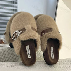 Lunivop Winter Warm Plush Slippers for Women Closed Toe Faux Fur Cotton Shoes Woman Fashion Buckle Lightweight Flat Mules Shoes