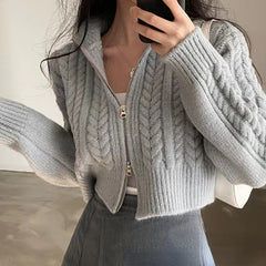 Lunivop Harajuku Sweet Double Zipper Tops Womnen Y2k Vintage Crop Top Sweaters Mujer Long Sleeve Loose Knitted Cardigan
