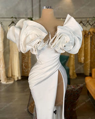 Lunivop Elegant White Ruffled Satin Long Bridal Gowns Side Hi Slit Mermaid Wedding Dresses Beaded Pleated Satin Prom Evening Dress Custo