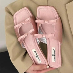 Lunivop Summer Woman Flat Slippers Square Toe Double Bowknot Sandals Casual Shoes Ladies Soft Sole Beach Slippers Women Shoes