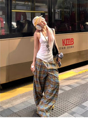 Lunivop American Style Dopaamine Checkered Wide Leg Pants Women Summer Vintage Loose Casual Drapey Long Trousers Fashionable Loose Fit