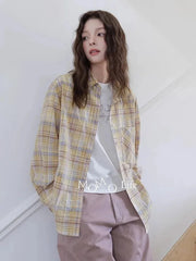 Lunivop Sweet Yellow Plaid Shirt Women Casual Vintage Long Sleeve Pocket Blouse American Fall Preppy Style Female Retro Loose Tops New