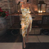 Lunivop Women Y2k Vintage Yellow Tie Dye Flower Print Spaghetti Strap Dress Hem Slim Waist Slit Irregular Dresses Sling Vestido