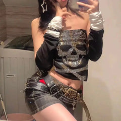 Lunivop Punk Women's Tube Top Rhinestones Skull Y2k Sexy Sleeveless Vests Slim Fit Corset Top Harajuku Summer Clothes Coquette Bustier