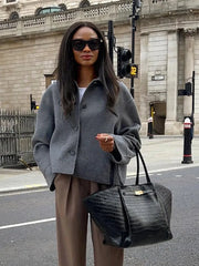 Lunivop Woolen Turn-down Collar Short Jackets Women Casual Solid Single-Breasted Jacket Female Autumn Winter Chic Office Overcoat Tops