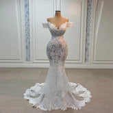 Lunivop Luxurious White Lace Wedding Dresses Mermaid Off Shoulder Beaded Wedding Gowns For Women Vestidos De Novia Customized Garden