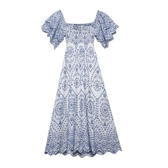 Lunivop Women Ruffles Flare Sleeve Midi Holiday Dresses BOHO Summer Blue White Floral Embroidery Hollow Out hole Slit Backless Dress