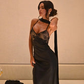 Lunivop Black Lace Patchwork Maxi Dress Women Sexy Deep V-neck Backless Slim Party Dresses Fashion Spaghetti Strap Satin Dress