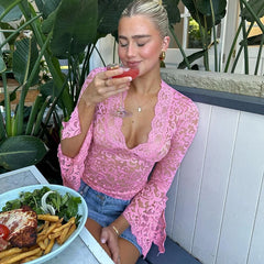 Lunivop Lace Long Sleeve Deep V See Through Solid Slim Women'S Tops Tshirts Casual Party Club Dropshipping New Arrival Clothes