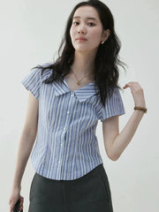 Lunivop Preppy Style Women Striped Shirt Casual Vintage Short Sleeve Slim Blouse Summer Retro Korean Female Sweet Simple Tops New