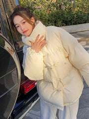 Lunivop Cute Preppy Style Sweet Puffy Parkas Women Loose Vintage Long Sleeve Cotton Coat Casual Stand Collar Winter Warm Thick Jacket